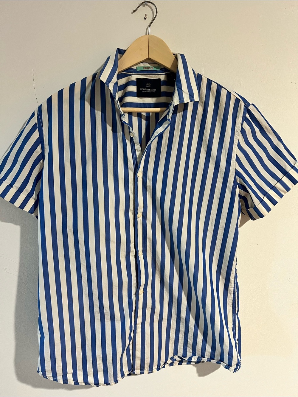 Scotch & Soda Blue and White Vertical Stripe Short Sleeve Shirt